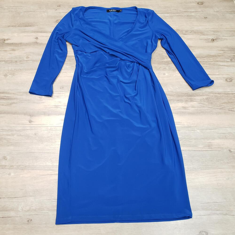 Lauren Ralph Lauren Dress Womens 4 Blue Faux Wrap Surplice Midi Ruched Stretch